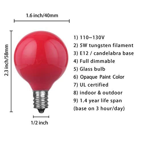 Niosta 25Pack Opaque Multicolor G40 Replacement Bulb,5W Incandescent Filament And E12 Candelabra Base,Decorative Ceramic Color Bulb For Patio String Lights #TOP3