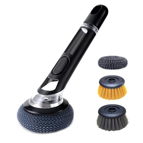 Image of Kitchen Cleaning Brush with Soap Dispenser Handle - Multifunctional Brush Head Replacemen for Pans, Pots, Kitchen Sink, 4 in 1 Household Cleaning Tool for Home and Apartment Must Haves