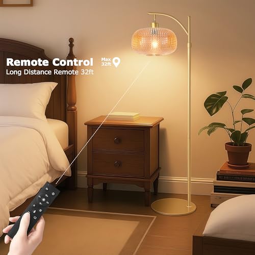 Image of Glass Floor Lamp for Living Room with Amber Glass Lampshade&Remote Control | Dimmable Modern Standing Lamp with 12W LED Bulb, Tall Lamp for Bedroom