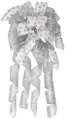 Christmas Tree Topper Wreath Bow Long Tails 40x13 Inch Silver Bows Decorative Large Colorful Wired Edge Xmas Supplies Bows Wall Ornaments for Home Decor (Silver)