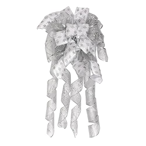 Christmas Tree Topper Wreath Bow Long Tails 40X13 Inch Silver Bows Decorative Large Colorful Wired Edge Xmas Supplies Bows Wall Ornaments For Home Decor (Silver) #TOP3