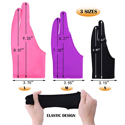 TuNan 6pcs/3 Sizes Artist Gloves for Drawing Tablets Two-Finger, Left or Right Hand, Small/Medium/Large Gloves for Graphics Tablet iPad Pro - Blue, Pink, Black, Purple, Red