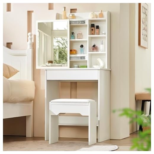 LEMROE Dressing Table White with Sliding Mirror and Stool Makeup Table with 7 Shelves and 1 Large Drawer Dressing Table Organiser Home Bedroom Furniture 21 LEMROE Dressing Table White with Sliding Mirror and Stool Makeup Table with 7 Shelves and 1 Large Drawer Dressing Table Organiser Home Bedroom Furniture