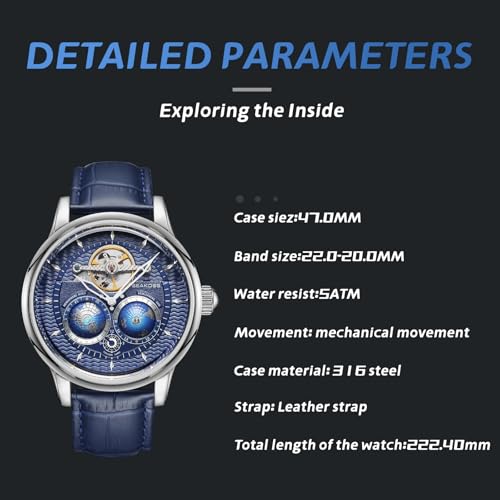Image of SEAKOSS Luxury Automatic Mechanical Watch for Men, 47mm Skeleton Dress Watch with Dual Hemisphere Dial, Self Winding Movement, Genuine Leather Strap, 5ATM Waterproof