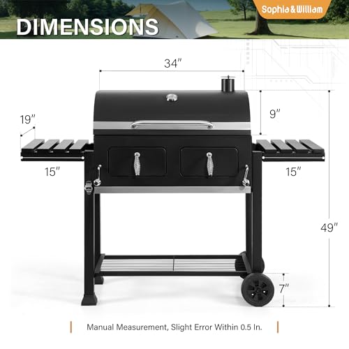 Image of Sophia & William Extra Large Charcoal BBQ Grills with 794 SQ.IN. Cooking Area, Heavy Duty Outdoor Barbecue Grill with 2 Individual Lifting Charcoal Tray and 2 Foldable Side Table, Black
