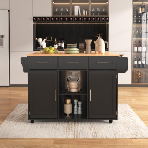 Merax Kitchen Island on Wheels with Foldable Wood Grain Countertop, 3 Drawers, Interchangeable Wheels & Solid Wood Feet – Large Dining Cart, Kitchen Trolley, Cupboard Cabinet Cart, Bar Table