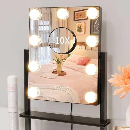 Image of Kotdning Vanity Mirror with Lights,Lighted Vanity Mirror with 9 Dimmable Bulbs for Dressing Room & Bedroom,3 Color Lighting,Modes Detachable 10x Magnification 360Ratation (Black) 12 inch L x 14.4 inch W