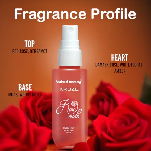 Image of BAKED BEAUTY Kruze Rose Oud Perfume Body Mist | Refreshing Long Lasting Tropical Fragrance|Double Duty Mist For Hair & Body| Travel-Friendly Perfume Body Spray for Women- 60ml
