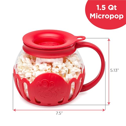 Ecolution Patented Micro-Pop Microwave Popcorn Popper with Temperature Safe Glass, 3-in-1 Lid Measures Kernels and Melts Butter, Made Without BPA, Dishwasher Safe, 1.5-Quart, Red