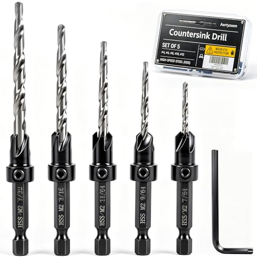 Aertyzeen 5PCS Tapered Countersink Drill Bit Set for Wood, #4#6#8#10#12, HSS, 1/4" Hex Quick Change Shank, Adjustable Depth Stop, Pilot Hole + Countersink