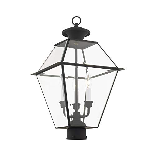 Image of Livex Lighting 2384-04 Westover 3 Light Outdoor Black Finish Solid Brass Wall Lantern with Clear Beveled Glass, 22 inch x 12 inch x 22 inch | Dimensions: 22 inch x 12 inch x 22 inch; Clear Beveled Glass; Solid brass construction