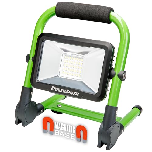 1500 Lumens Rechargeable LED Work Light with Foldable Magnetic Stand, USB Port for Charging Mobile Devices, All Metal Construction and 2 Year Warranty, Green - PowerSmith PWLR015FM