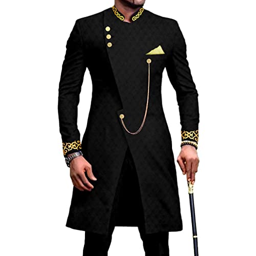 Traditional African Clothing for Man Shirt and Pants Outfit Two Piece Set Dashiki Gold Printed Outwear Attire Suit (Color : Black, Size : 3X-Large)