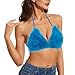 TYNORA Women's Fluffy Fur Triangle Bra Crop Top Sexy Strappy Halter Feather Bandage Cami Top Rave Top Clubwear Bule Feather