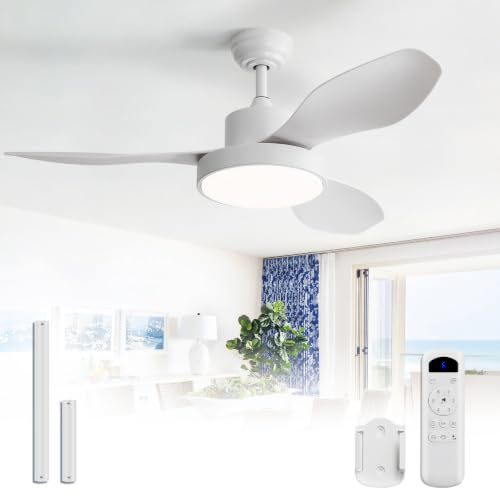 Image of Sofucor 47 Inch Ceiling Fan with Lights and Remote Modern Outdoor White LED Ceiling Fans with Large Light Fixture Dimmable 6 Speeds Reversible DC Motor &Timing for Patio Bedroom Living Room Office