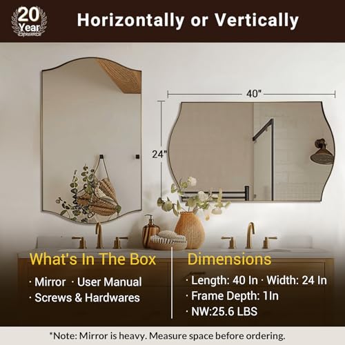Image of ANDY STAR Rectangle Scalloped Mirror, 24 inchx40 inch Brushed Gold Bathroom Mirror in SUS304 Stainless Steel Metal Frame, Brass Vanity Mirror with Unique Arched Top Design