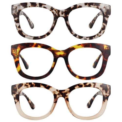 YOBOCO 3 Pack Oversized Reading Glasses Women 1.25 Large Designer Reading Glasses Men 1.25,Tortoise Brown/Tortoise Gray/Half Tortoise Brown