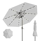 Patio Kingdom 10FT Solar Umbrella 32 LED Lighted Patio Umbrella Table Market Umbrella w/Tilt and Crank, UV-Resistant Outdoor Umbrella for Pool, Garden, Deck, Light Gray