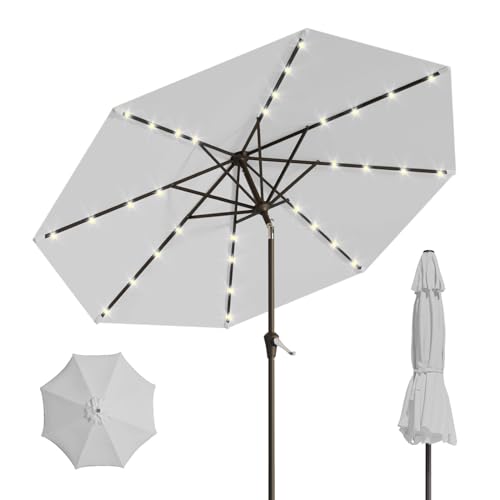 Patio Kingdom 10FT Solar Umbrella 32 LED Lighted Patio Umbrella Table Market Umbrella w/Tilt and Crank, UV-Resistant Outdoor Umbrella for Pool, Garden, Deck, Light Gray