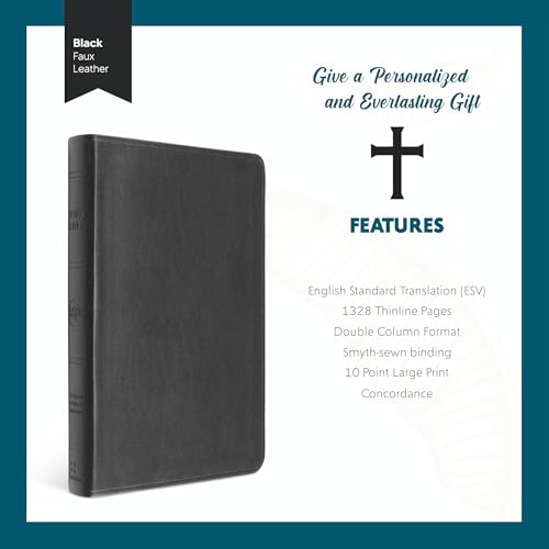 Image of Personalized ESV Thinline Bible Large Print English Standard Version Faux Leather Holy Bible ESV with Custom Name, Date and Text | Custom Gift for Christian & Religious Celebrations | Black