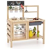 GYMAX Kids Mud Kitchen, Children Potting Bench Table with 12 Plant Cups, Sink, Stoves, Chalkboards & Accessories, Outdoor Fir Wood Toy Kitchen for 3 Years Old+