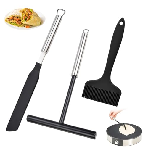 3 Pièces Accessoires Crepiere, Distributeur, Spatule à Crêpes et Pinceau, Spatule Crepe en Forme de T, Spatules à Crêpes en Acier Inox et Silicone, Rateau...