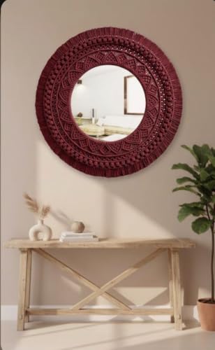 Image of Handmade Cotton Macrame Wall Hanging Glass Mirror with Boho Fringes, Bohemian Art Decorative Aina for Make-Up, Living Room, Bedroom (Maroon)