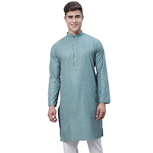 Sojanya (Since 1958 Men'S Cotton Linen Blue Foil Printed Only Long Kurta