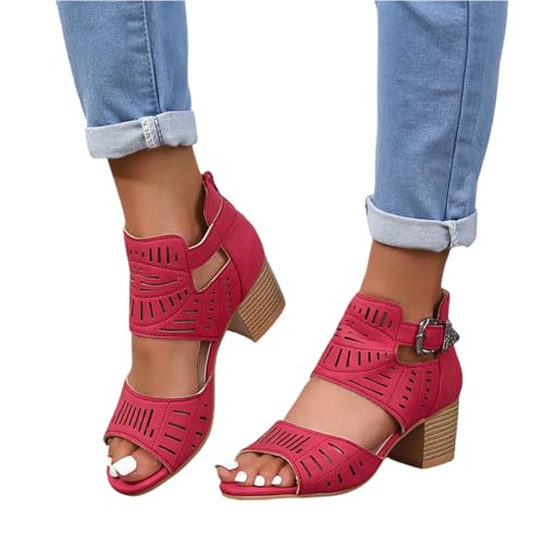 Women Peep Toe Chunky Heeled Sandals Stacked Heel Cutout Roman Sandals Buckle Ankle Strap Summer Casual Party Dress Shoes