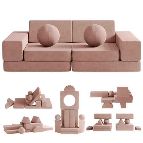 Image of Kids Couch, 12PCS Fold Out Toddler Couch with 2 Balls and Tunnel, Modular Kids Couch for Playroom, Kids Play Couch for Kickball Game, Pitching Game, Over 30 Creative Gameplay Couch for Kids (Pink)