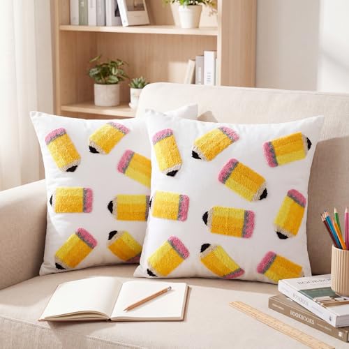 Fanfanwin 2 Pcs Back to School Pillow Covers 18 x 18 Inch Pencil Embroidery Throw Pillow Cases Cute Back School Decoration for Home Sofa Classroom Reading Corner
