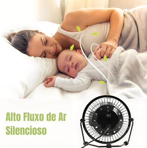 Mini Ventilador de Mesa 360° USB Portátil Com 3 Velocidades Silencioso e Suporte de Ferro