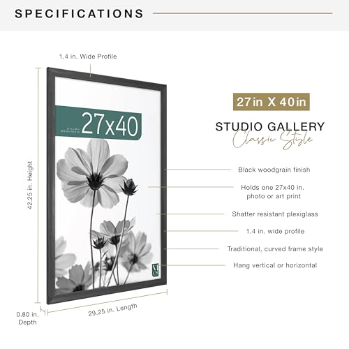 MCS Studio Gallery Classic Movie Poster Frame 27x40 Black Woodgrain, Vertical & Horizontal Wall Hanging Large Picture Frame for Photos, Artwork & Custom Posters (1-Pack)