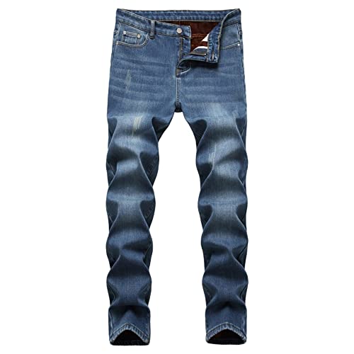 Men's Winter Fleece Lined Jeans Thicken Warm Stretch Denim Pants Regular Fit Classic Straight Leg Jean Trousers (Light Blue,42)