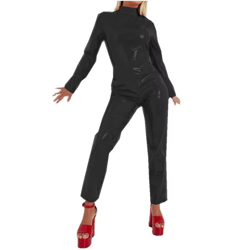 Wysoki dekolt sztuczny lateks wygląd kombinezon z długim rękawem kobiety bodycon PVC rozciągliwe skórzane pajacyki odzież klubowa personalizacja