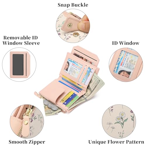 Image of GAEKEAO Small Wallets Woman RFID Blocking Vegan Leather Bifold Floral Ladies Compact Card Holder with Zipper Pocket ID Window