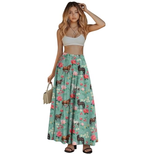 Long Skirts for Women with 2 Side Pockets A-Line Maxi Length Skirt Elastic Waistband S to 2XL Floral Printed Summer4
