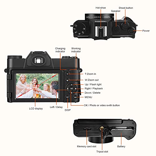 4K Digital Camera 48MP Vlogging Camera for YouTube 30FPS WiFi Video Camera 4K Camcorder with 3\" LCD HD Screen Camera 1080P 16X Digital Zoom Camera Wide Angle Lens with 32GB SD Card and 2 Batteries