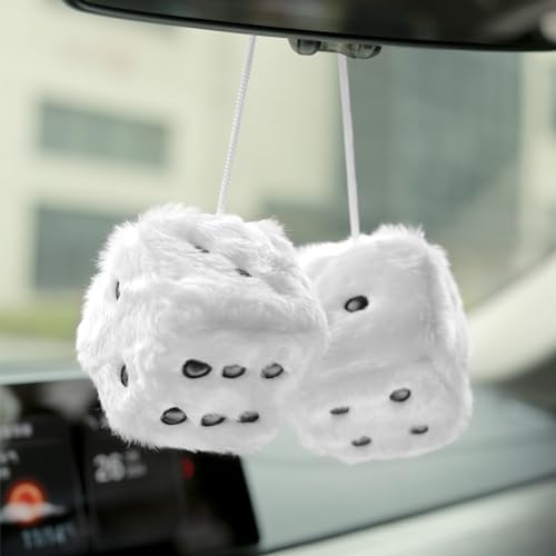 YGMONER White Fuzzy Dice for Car Rear View Mirror, Pair of 2.75in Plush Dice Retro Hanging Ornaments Car Interior Rearview Mirror Decor Accessories (White)