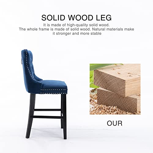 Image of Virabit Velvet Counter Height Bar Stools Set of 2, 27 inch Padded Bar Stool with Button and Nailhead Decoration, Bar Stool with Back and Wooden Legs(Blue)