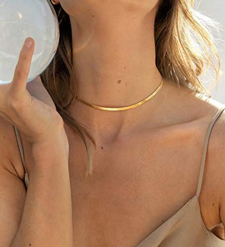 Fiusem Gold Herringbone Necklace For Women, 14K Gold Plated Flat Snake Chain Necklace For Women, Gold Choker Necklace For Women, Width 5Mm Length 14 In & Width 3Mm Length 12.5 In #TOP1