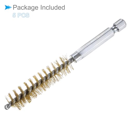 Image of Bore Brush, 13mm Dia 4 Inch Length, Brass Cleaning Wire Brushes with 1 /4 Inch Hex Shank - (Applications: for Power Drill, Die Grinder), 5-Pieces