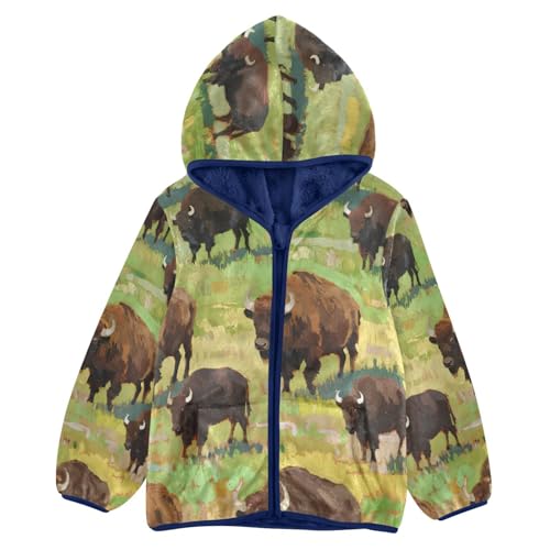 Buffalo Herd on Grassland Artwork Toddler Fleece Jacket Girl Boys Hooded Fleece Jacket Coat Warm Outwear Zip-up 3-10T