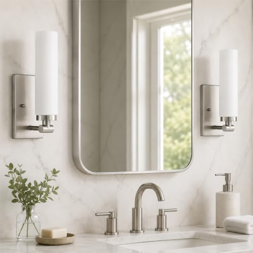 Image of Emak Brushed Nickel Wall Sconces, 2 Light Bathroom Light Fixtures with Milk Glass Shade, Modern Wall Lights for Bathroom, Mirror, Living Room, Bedroom, Gallery, WS086-BN-ML-2PK