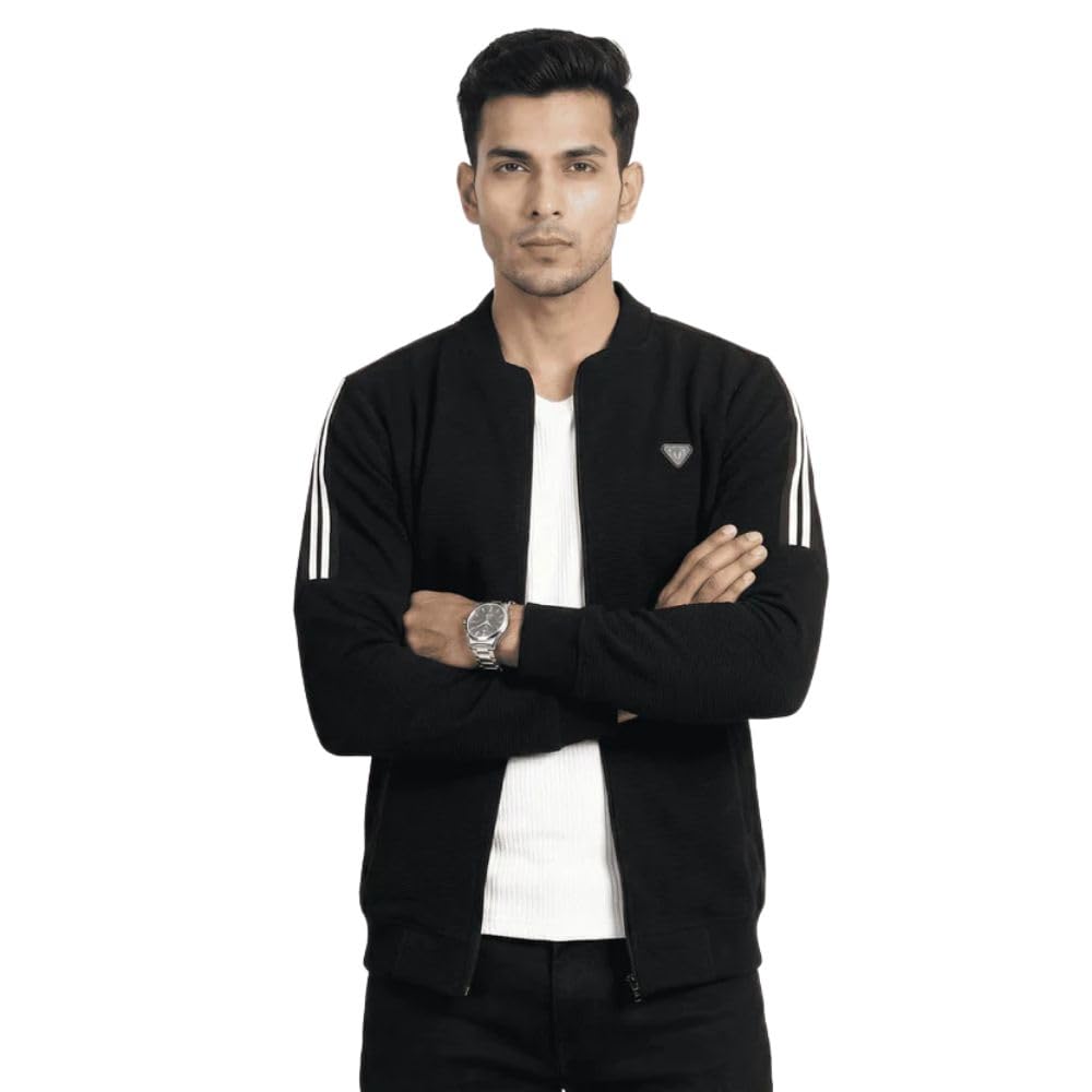 Men’s Solid Black Zip-Up Jacket, Textured Woven Fabric, Full Sleeve Casual Wear, Regular Fit, Stylish Lightweight Outerwear for Everyday Use-picture-11