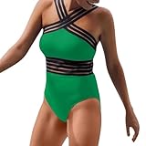 Traje de baño para mujer con cuello alto y espalda, traje de baño deportivo, bañador de entrenamiento para natación, vacaciones en la playa, verde, S