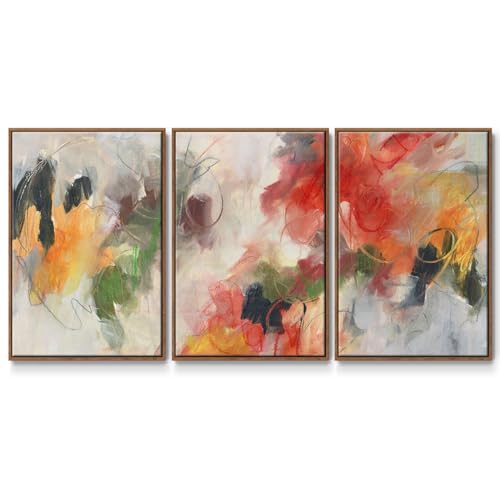 Renditions Gallery Abstract Wall Art Lines Colorful Watercolor Painting Artwork Modern Home Décor for Bedroom and Living Room Wall Decorations Walnut 3 Pieces of Framed Canvas Prints 16x24 Inch LS008