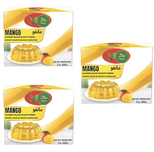 Halal Mango Flavored Gelatin Dessert Powder, Beef Gelatin, 85g each. (Pack of 3)