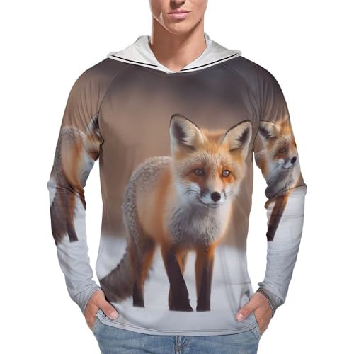 Mens UPF 50+ Sun Protection Hoodie Rash Guard Long Sleeve Sun Shirt Hiking Cute Fox Fishing Hoodie-