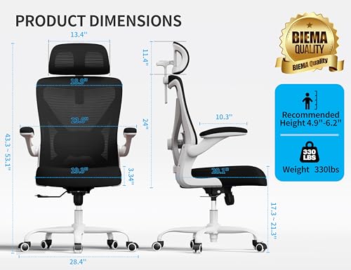 Image of Ergalithic Ergonomic Office Chair - Computer Desk Chair with Adjustable Lumbar Support - 300lbs Executive Desk Chair High Back with Headrest Flip-Up Arms for Long Hours, Rolling Chair (White Black)